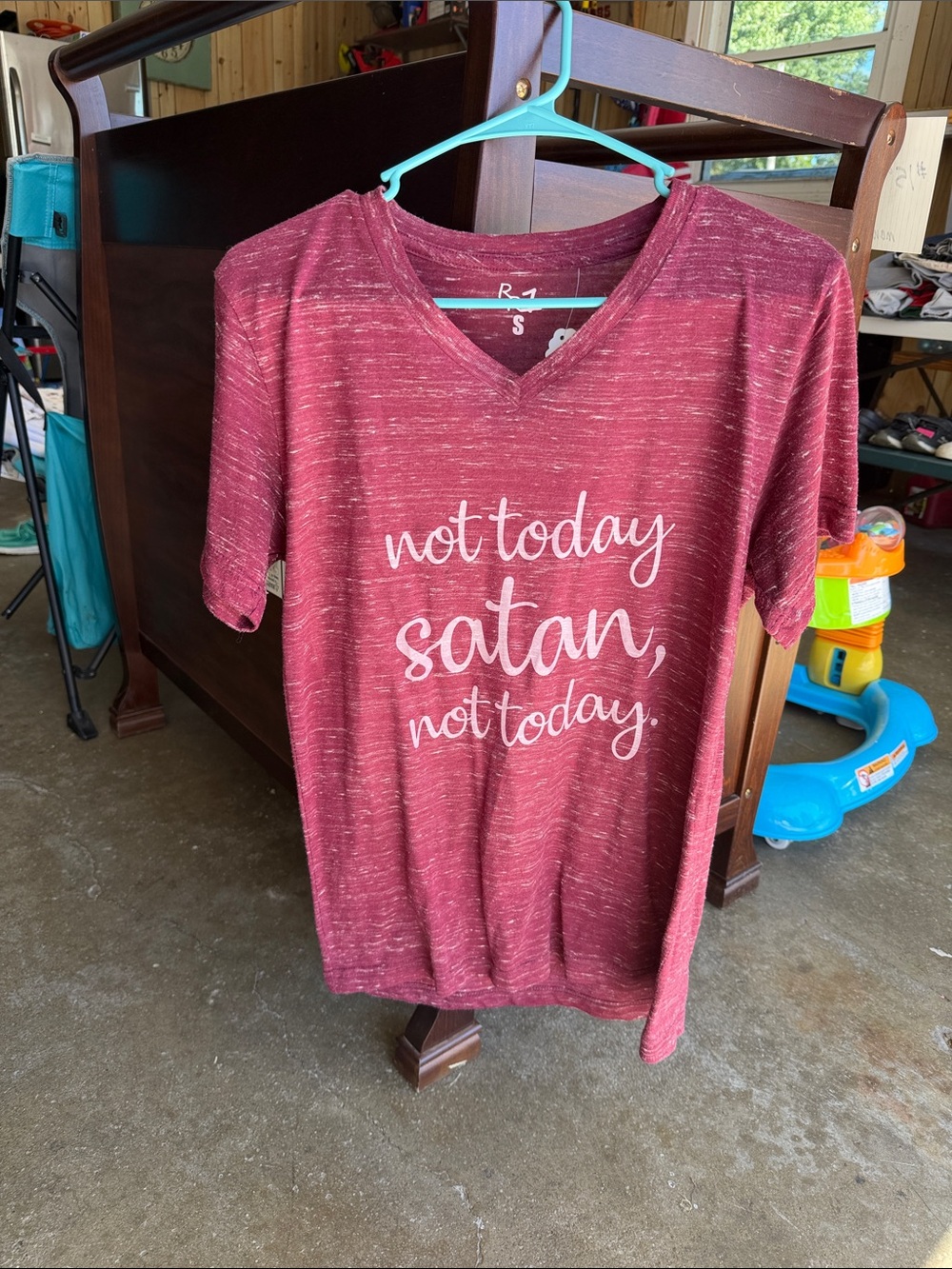 Women’s V-Neck Graphic Tee - Not Today Satan - Burgundy